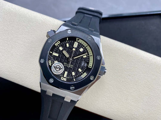 Royal Oak Offshore Diver 15720 SS APSF 1:1 Best Edition Black Dial Ceramic Bezel on Black Rubber Strap A4308 Super Clone