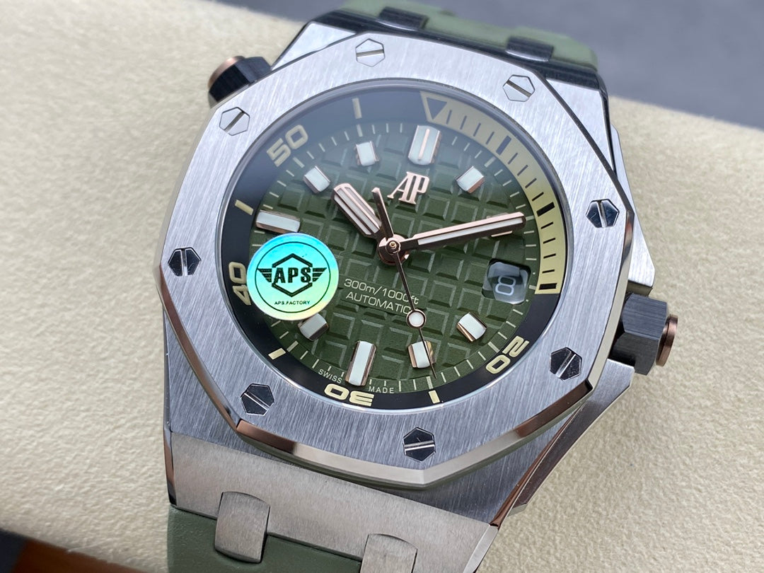Royal Oak Offshore Diver 15720 SS APSF 1:1 Best Edition Green Dial on Green Rubber Strap A4308 Super Clone