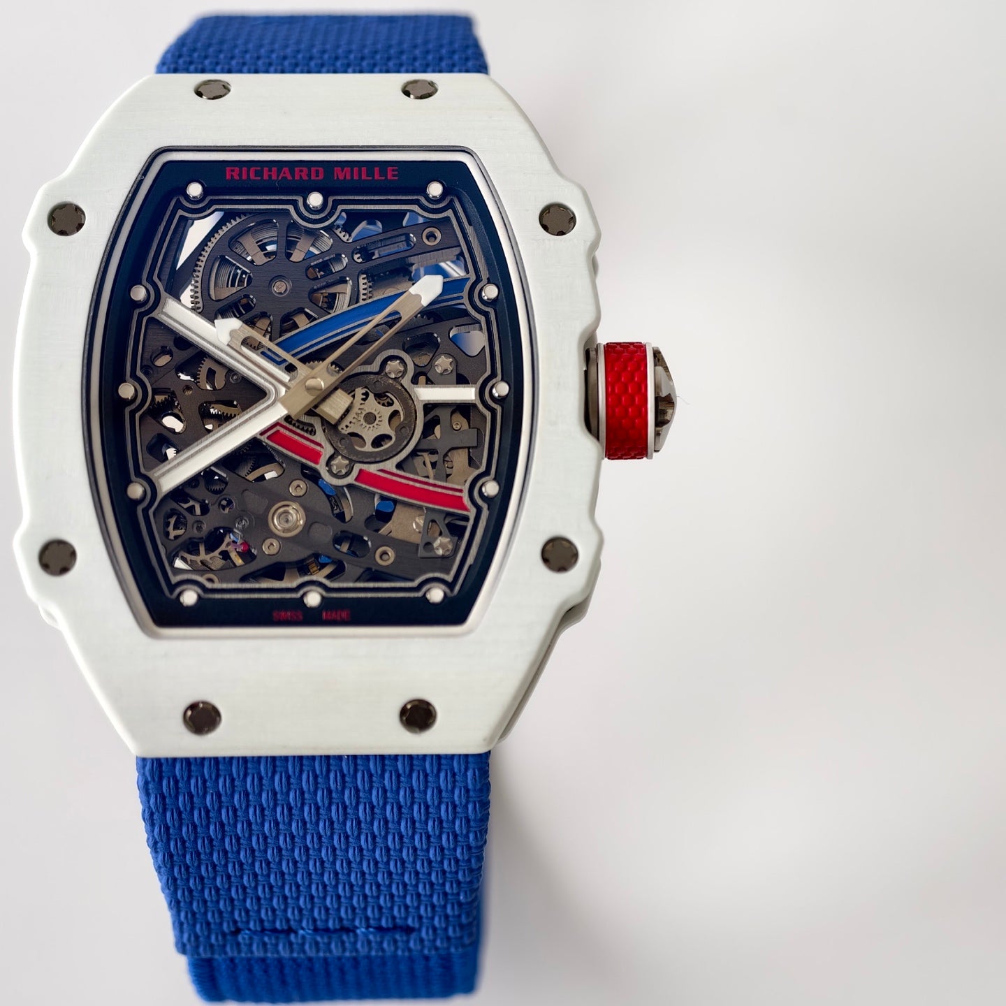 Umi Maker's RM67-02 White NTPT France Blue/Red/White Skeleton Dial on Nylon strap CRMA7 Clone V2