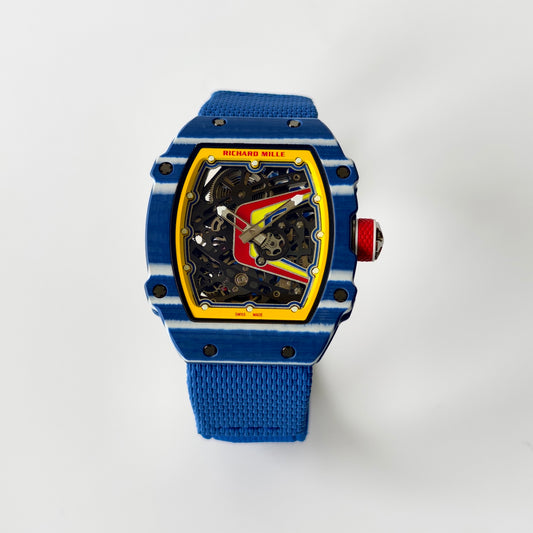 Umi Maker's RM67-02 Blue NTPT Fernando Yellow/Red/Blue Skeleton Dial on Nylon strap CRMA7 Clone V2