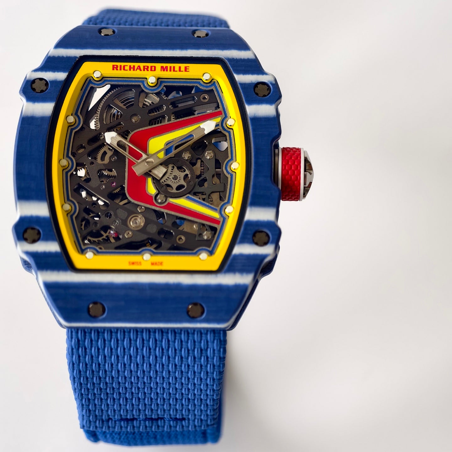Umi Maker's RM67-02 Blue NTPT Fernando Yellow/Red/Blue Skeleton Dial on Nylon strap CRMA7 Clone V2