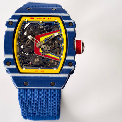 Umi Maker's RM67-02 Blue NTPT Fernando Yellow/Red/Blue Skeleton Dial on Nylon strap CRMA7 Clone V2