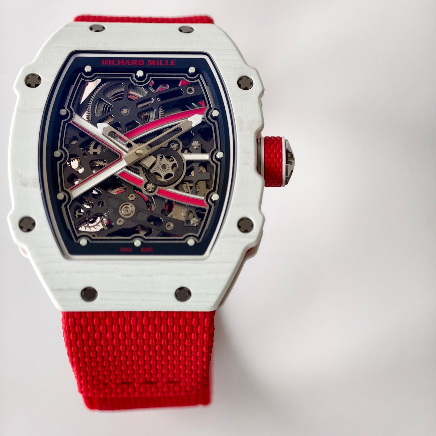 Umi Maker's RM67-02 White NTPT Charles Red/White Skeleton Dial on Nylon strap CRMA7 Clone V2