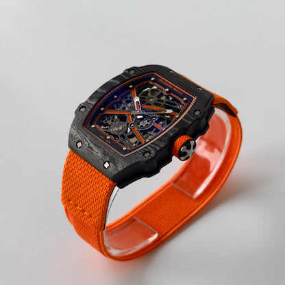 Umi Maker's RM67-02 Black NTPT McLaren Orange Skeleton Dial on Nylon strap CRMA7 Clone V2
