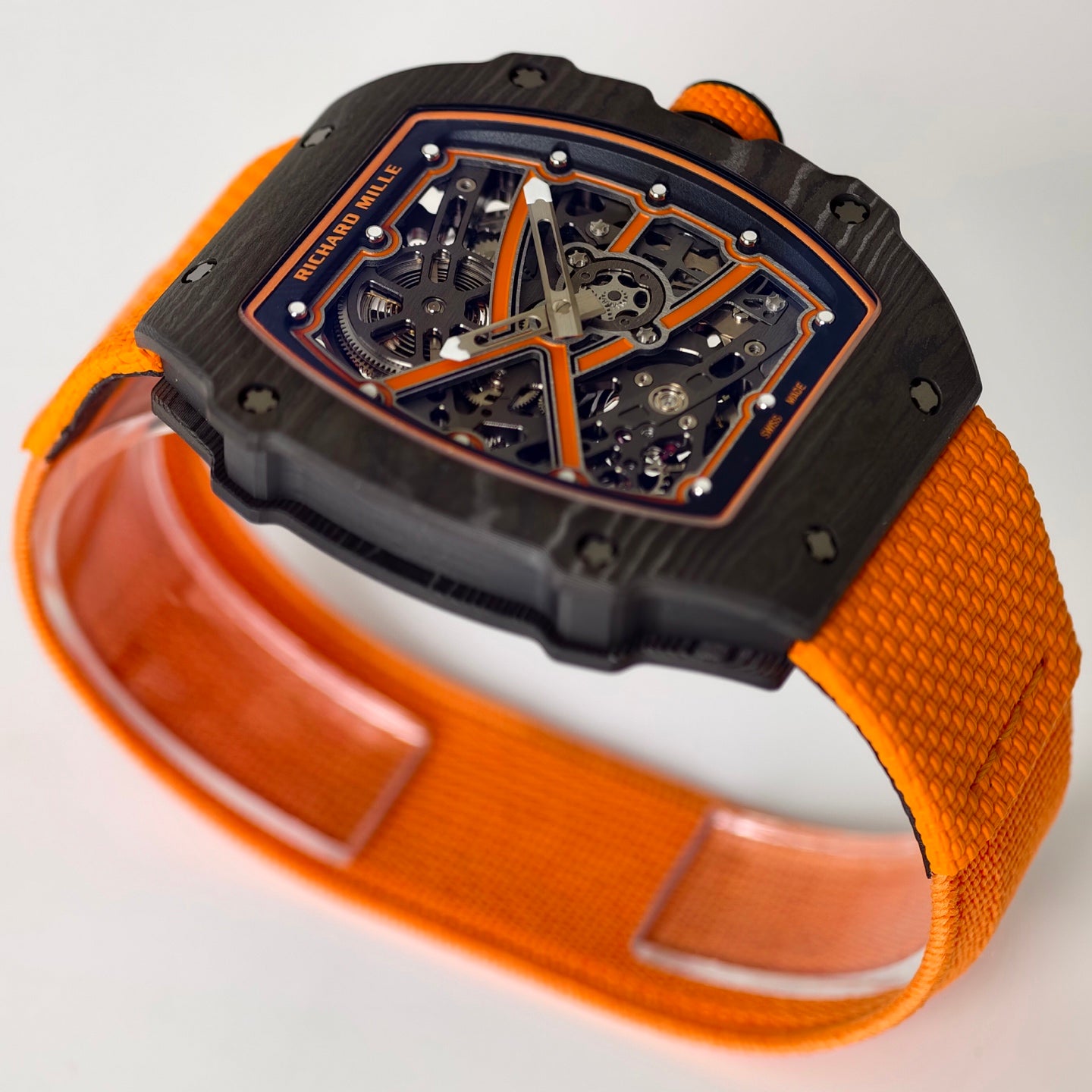 Umi Maker's RM67-02 Black NTPT McLaren Orange Skeleton Dial on Nylon strap CRMA7 Clone V2