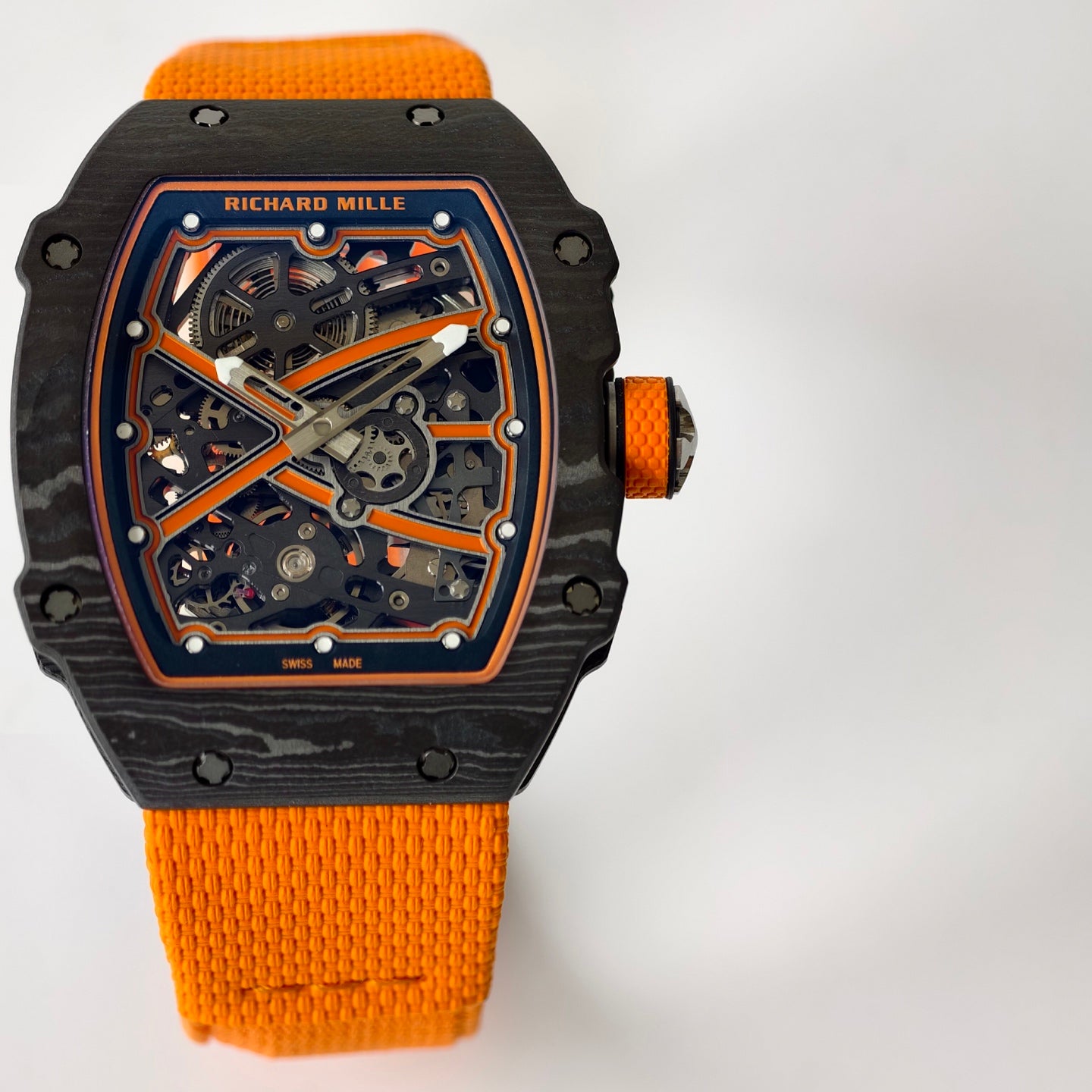 Umi Maker's RM67-02 Black NTPT McLaren Orange Skeleton Dial on Nylon strap CRMA7 Clone V2