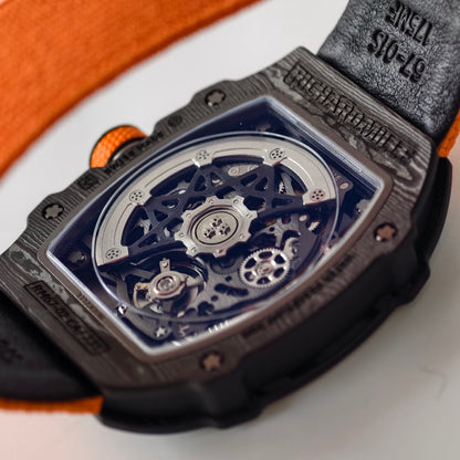 Umi Maker's RM67-02 Black NTPT McLaren Orange Skeleton Dial on Nylon strap CRMA7 Clone V2