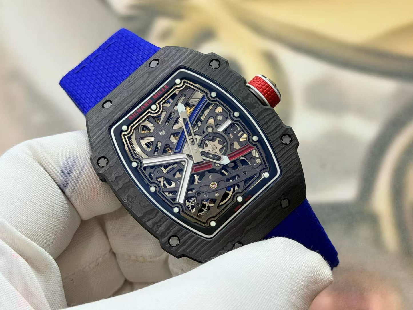 RICH Maker's 1:1 RM67-02 Black NTPT France Blue/Red/White Skeleton Dial CRMA7 Super Clone