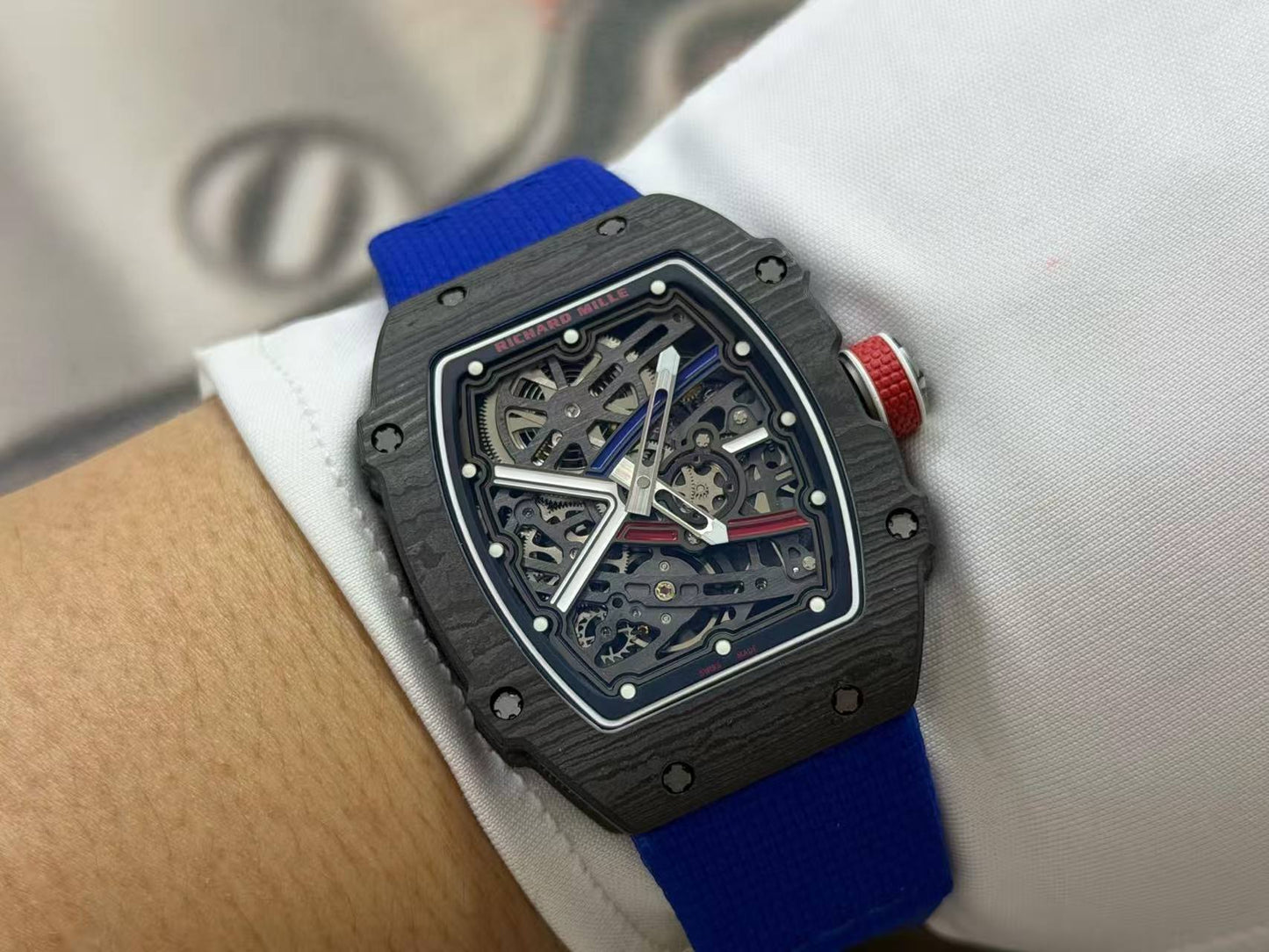 RICH Maker's 1:1 RM67-02 Black NTPT France Blue/Red/White Skeleton Dial CRMA7 Super Clone