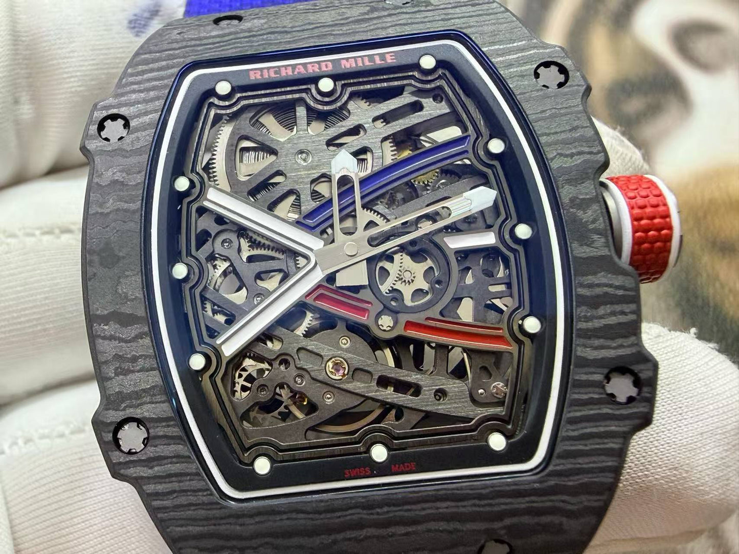 RICH Maker's 1:1 RM67-02 Black NTPT France Blue/Red/White Skeleton Dial CRMA7 Super Clone
