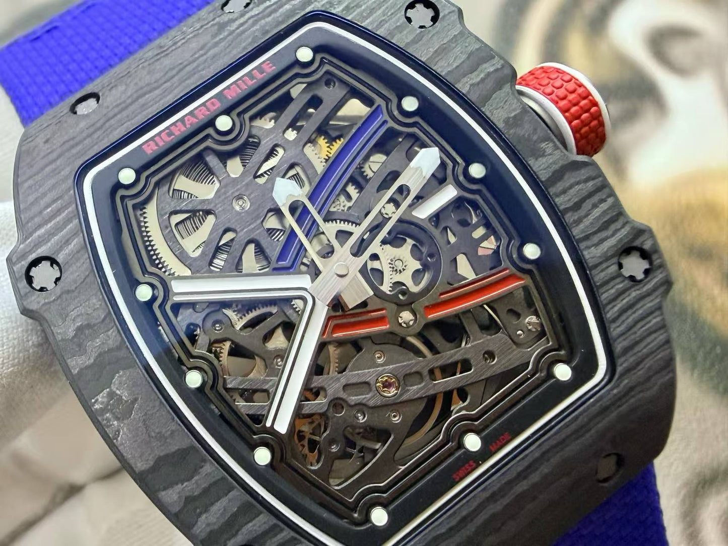 RICH Maker's 1:1 RM67-02 Black NTPT France Blue/Red/White Skeleton Dial CRMA7 Super Clone