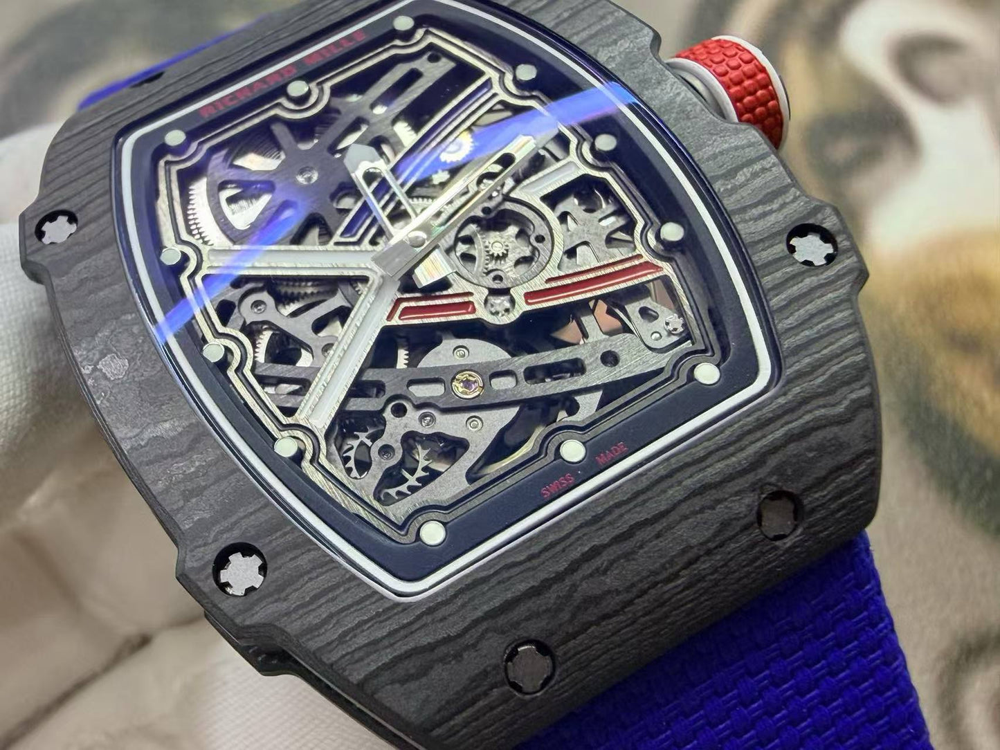 RICH Maker's 1:1 RM67-02 Black NTPT France Blue/Red/White Skeleton Dial CRMA7 Super Clone