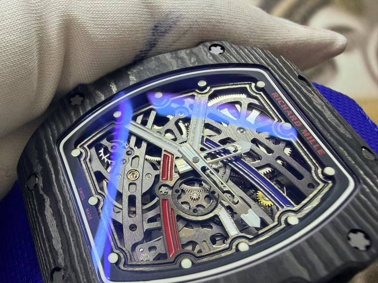 RICH Maker's 1:1 RM67-02 Black NTPT France Blue/Red/White Skeleton Dial CRMA7 Super Clone
