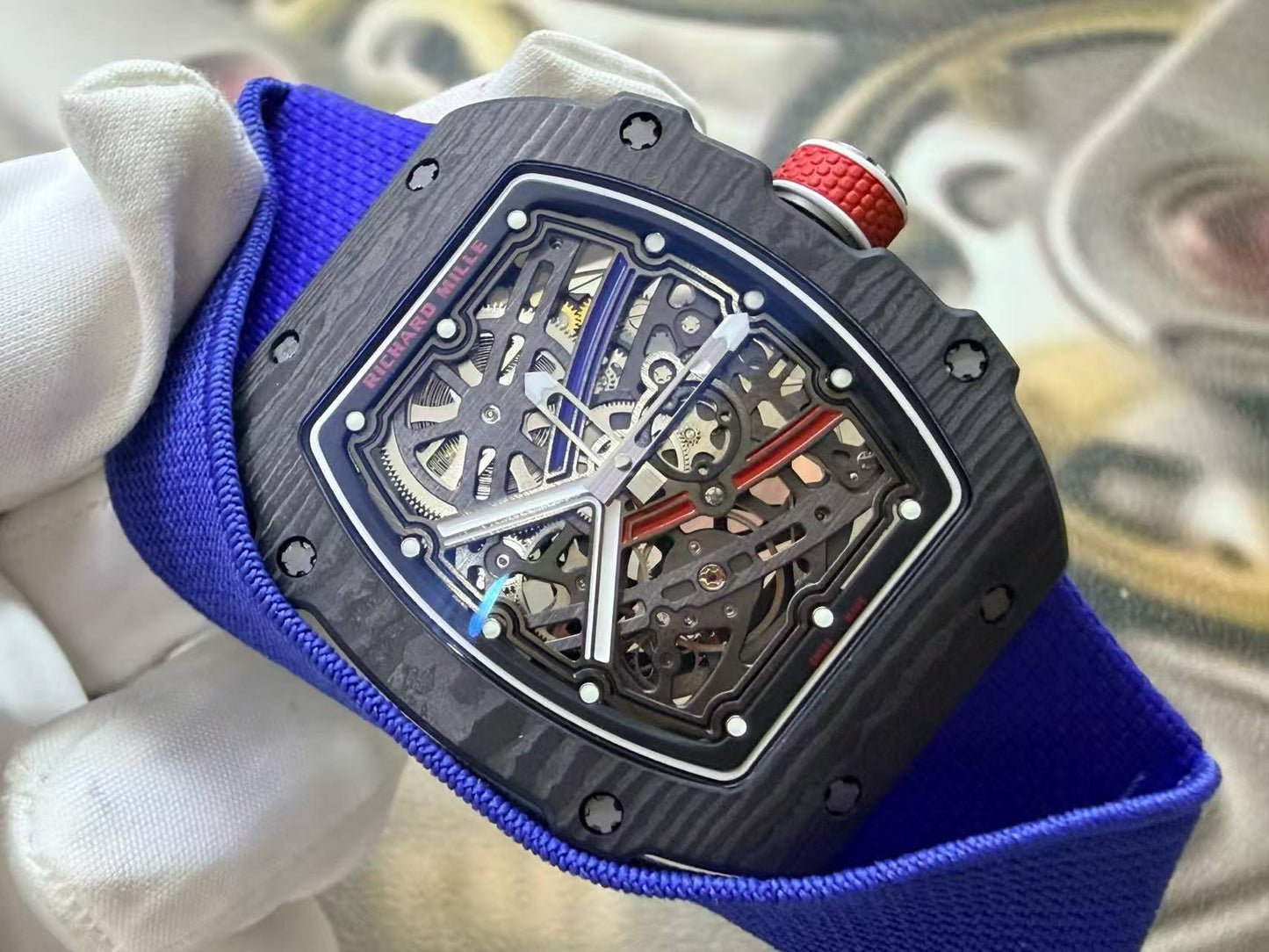 RICH Maker's 1:1 RM67-02 Black NTPT France Blue/Red/White Skeleton Dial CRMA7 Super Clone