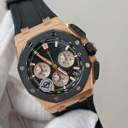 Royal Oak Offshore 26420 RG Ceramic Bezel APSF 1:1 Best Edition Black/Silver Dial on Black Rubber Strap SA4401 Super Clone