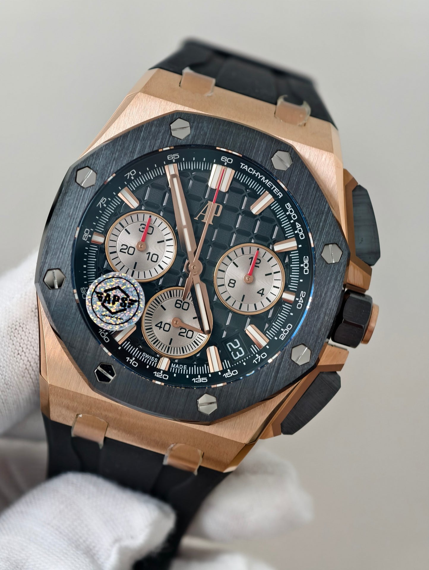 Royal Oak Offshore 26420 RG Ceramic Bezel APSF 1:1 Best Edition Black/Silver Dial on Black Rubber Strap SA4401 Super Clone