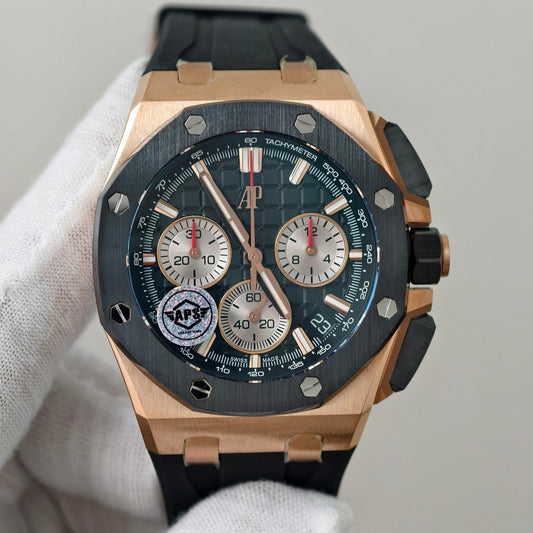Royal Oak Offshore 26420 RG Ceramic Bezel APSF 1:1 Best Edition Black/Silver Dial on Black Rubber Strap SA4401 Super Clone