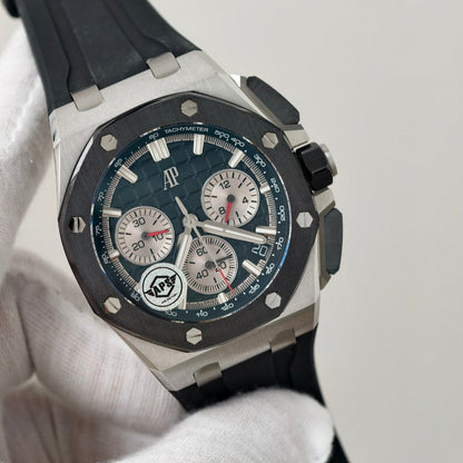 Royal Oak Offshore 26420 SS Ceramic Bezel APSF 1:1 Best Edition Black/Silver Dial on Black Rubber Strap SA4401 Super Clone