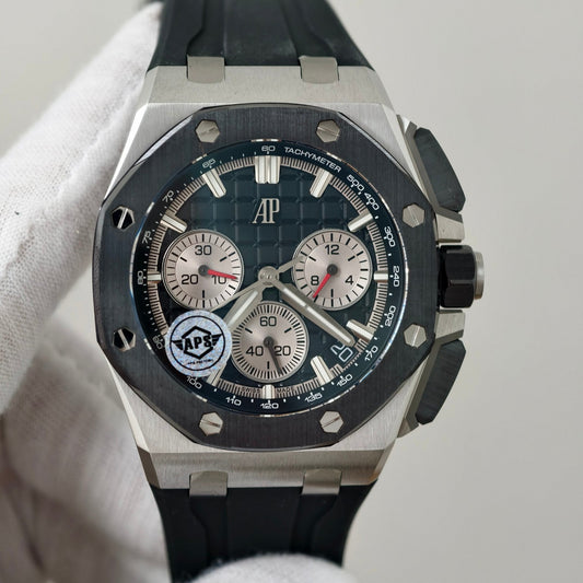 Royal Oak Offshore 26420 SS Ceramic Bezel APSF 1:1 Best Edition Black/Silver Dial on Black Rubber Strap SA4401 Super Clone