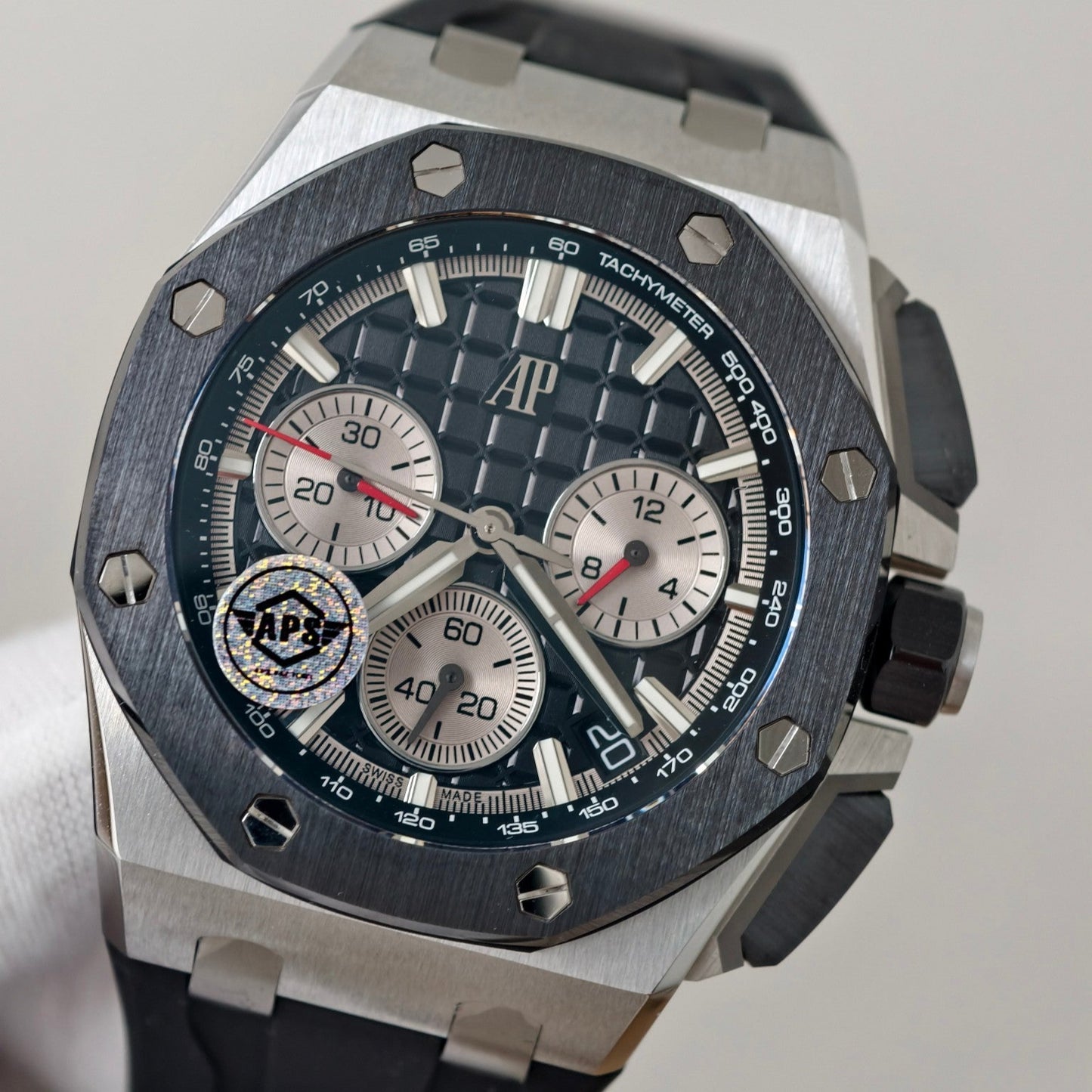Royal Oak Offshore 26420 SS Ceramic Bezel APSF 1:1 Best Edition Black/Silver Dial on Black Rubber Strap SA4401 Super Clone
