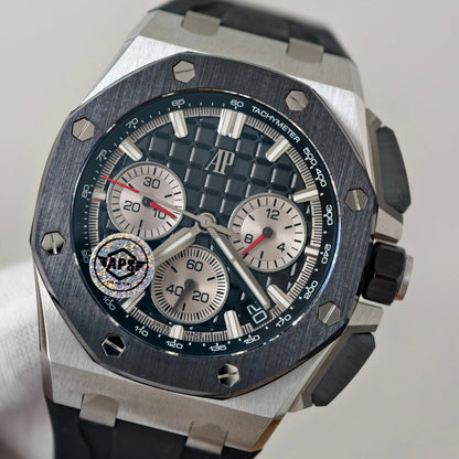 Royal Oak Offshore 26420 SS Ceramic Bezel APSF 1:1 Best Edition Black/Silver Dial on Black Rubber Strap SA4401 Super Clone
