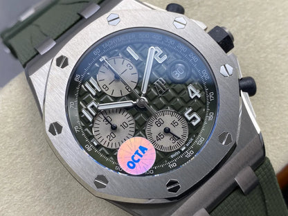 Royal Oak Offshore Chronograph 42mm 26238TI Titanium Case OCTA 1:1 Best Edition Khaki Green Dial on Green Rubber Strap SA4404 Free Sprung