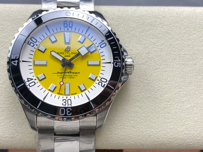 SuperOcean Automatic 44 SS Black Bezel TF 1:1 Best Edition Yellow Dial on SS Bracelet A2824