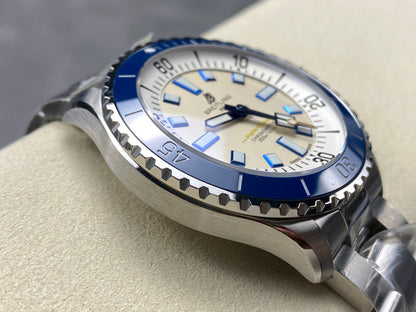SuperOcean Automatic 44 SS Blue Bezel TF 1:1 Best Edition Cream Dial on SS Bracelet A2824