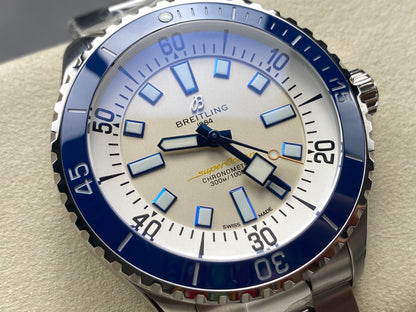 SuperOcean Automatic 44 SS Blue Bezel TF 1:1 Best Edition Cream Dial on SS Bracelet A2824