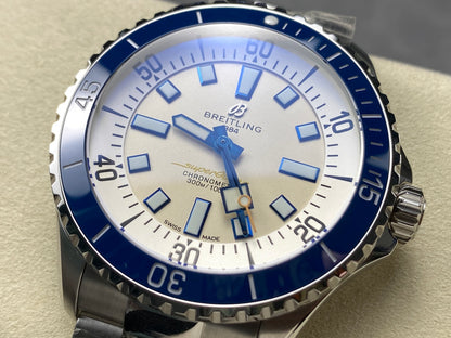 SuperOcean Automatic 44 SS Blue Bezel TF 1:1 Best Edition Cream Dial on SS Bracelet A2824