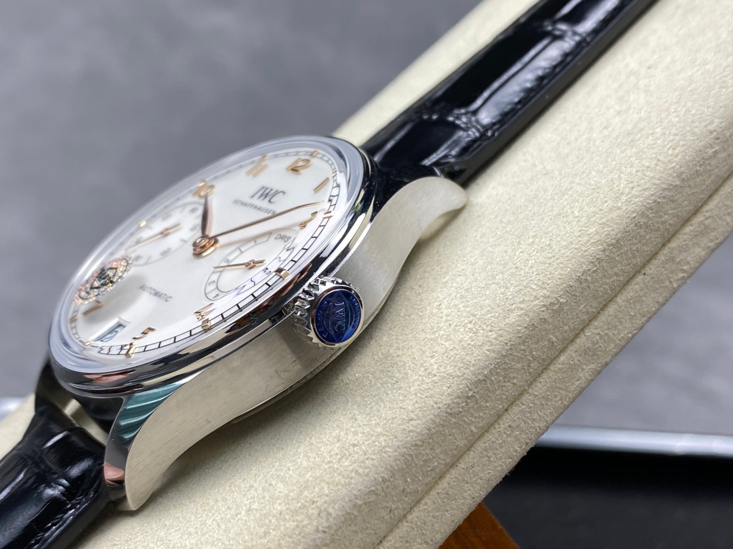 Portugieser Automatic 42mm SS APSF 1:1 Best Edition White Dial RG Marker on Black Leather Strap A52010