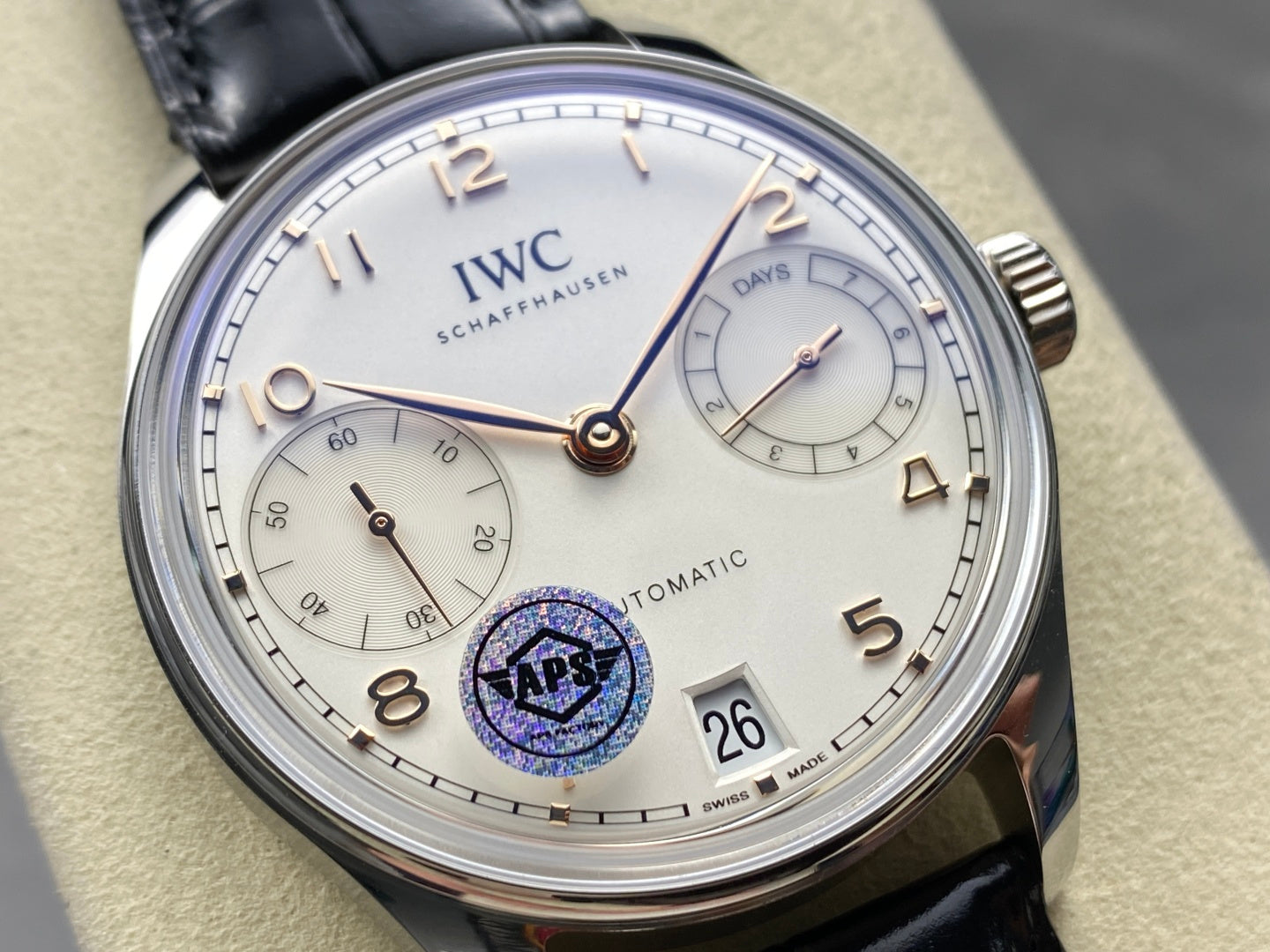 Portugieser Automatic 42mm SS APSF 1:1 Best Edition White Dial RG Marker on Black Leather Strap A52010