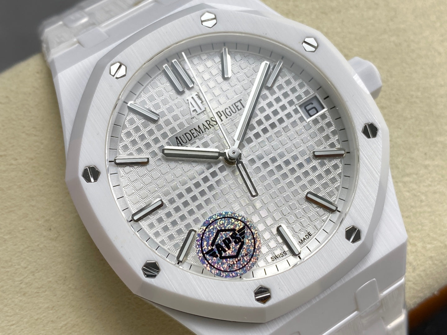 Royal Oak 15500 White Ceramic APSF 1:1 Best Edition Silver Dial on White Ceramic Bracelet SA4302 Super Clone