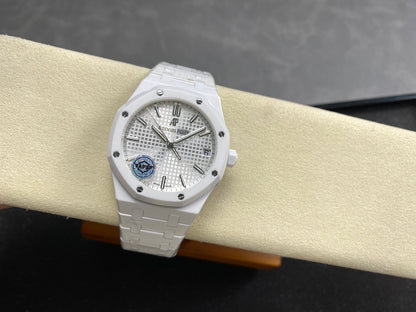 Royal Oak 15500 White Ceramic APSF 1:1 Best Edition Silver Dial on White Ceramic Bracelet SA4302 Super Clone