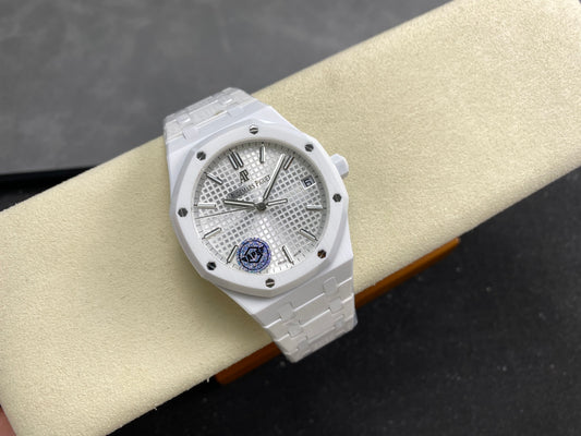 Royal Oak 15500 White Ceramic APSF 1:1 Best Edition Silver Dial on White Ceramic Bracelet SA4302 Super Clone
