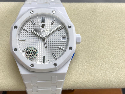 Royal Oak 15500 White Ceramic APSF 1:1 Best Edition Silver Dial on White Ceramic Bracelet SA4302 Super Clone