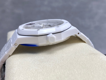 Royal Oak 15500 White Ceramic APSF 1:1 Best Edition Silver Dial on White Ceramic Bracelet SA4302 Super Clone