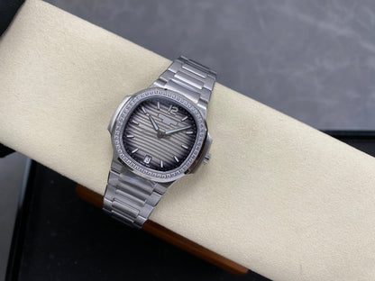 Nautilus 7118 Ladies Diamond Bezel SS DDF 1:1 Best Edition Gray Dial On SS Bracelet Super Clone DD324