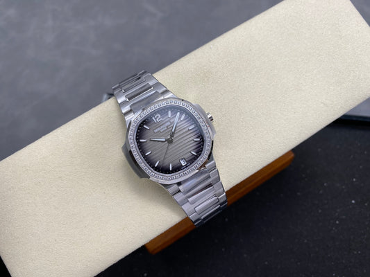 Nautilus 7118 Ladies Diamond Bezel SS DDF 1:1 Best Edition Gray Dial On SS Bracelet Super Clone DD324
