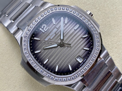 Nautilus 7118 Ladies Diamond Bezel SS DDF 1:1 Best Edition Gray Dial On SS Bracelet Super Clone DD324
