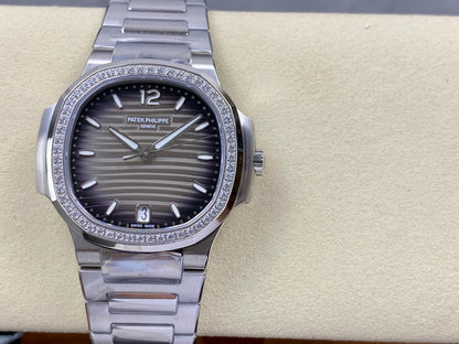 Nautilus 7118 Ladies Diamond Bezel SS DDF 1:1 Best Edition Gray Dial On SS Bracelet Super Clone DD324