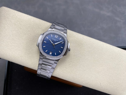Nautilus 7118 Ladies Diamond Bezel SS DDF 1:1 Best Edition Blue Dial On SS Bracelet Super Clone DD324