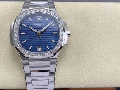 Nautilus 7118 Ladies Diamond Bezel SS DDF 1:1 Best Edition Blue Dial On SS Bracelet Super Clone DD324