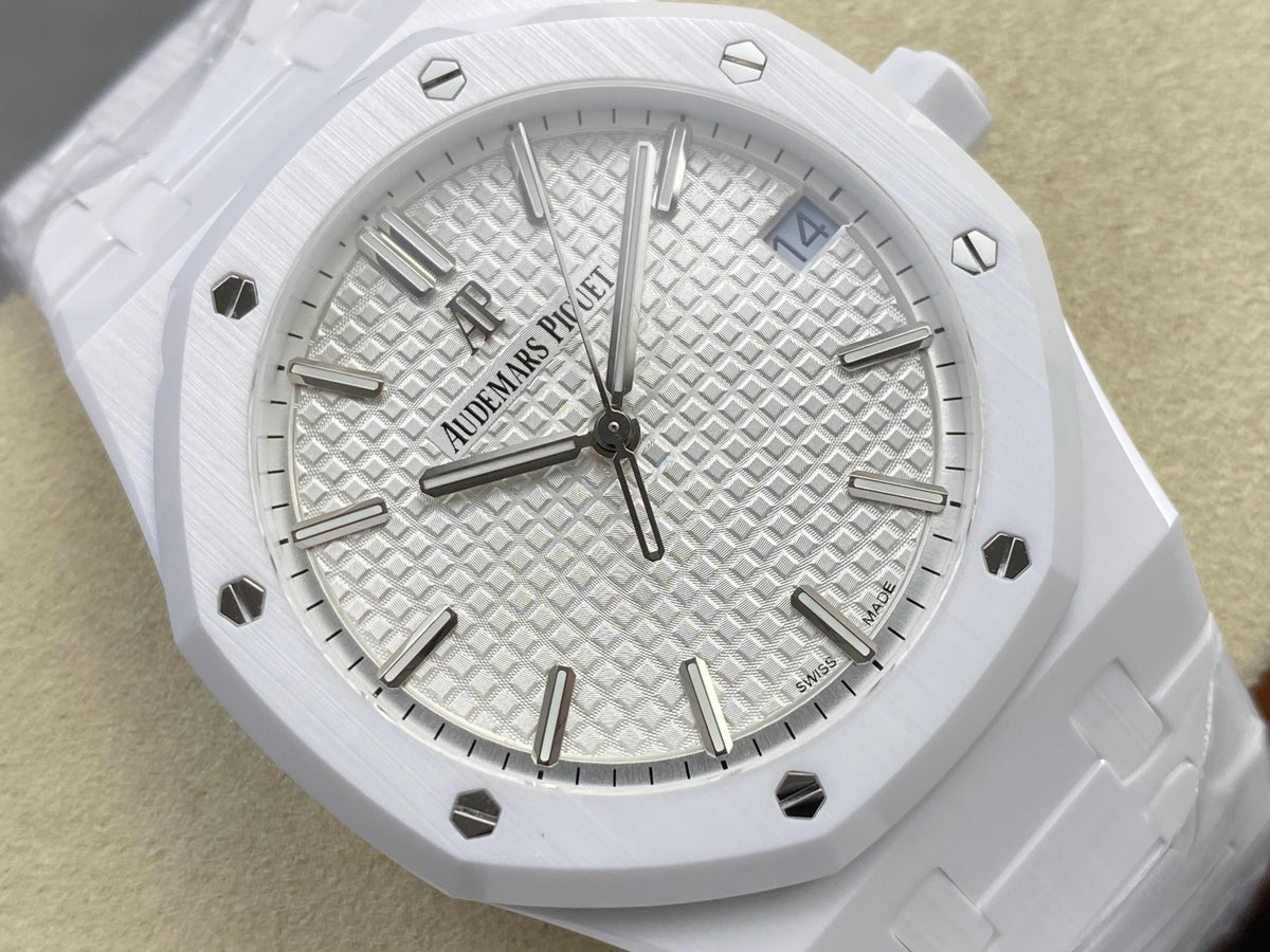 Royal Oak 41mm 15500 White Ceramic ZF White Dial on White Ceramic Bracelet SA4302 Super Clone (Free Sprung)