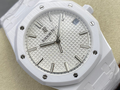 Royal Oak 41mm 15500 White Ceramic ZF White Dial on White Ceramic Bracelet SA4302 Super Clone (Free Sprung)