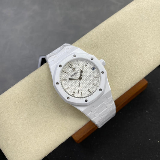 Royal Oak 41mm 15500 White Ceramic ZF White Dial on White Ceramic Bracelet SA4302 Super Clone (Free Sprung)