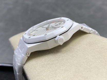 Royal Oak 41mm 15500 White Ceramic ZF White Dial on White Ceramic Bracelet SA4302 Super Clone (Free Sprung)