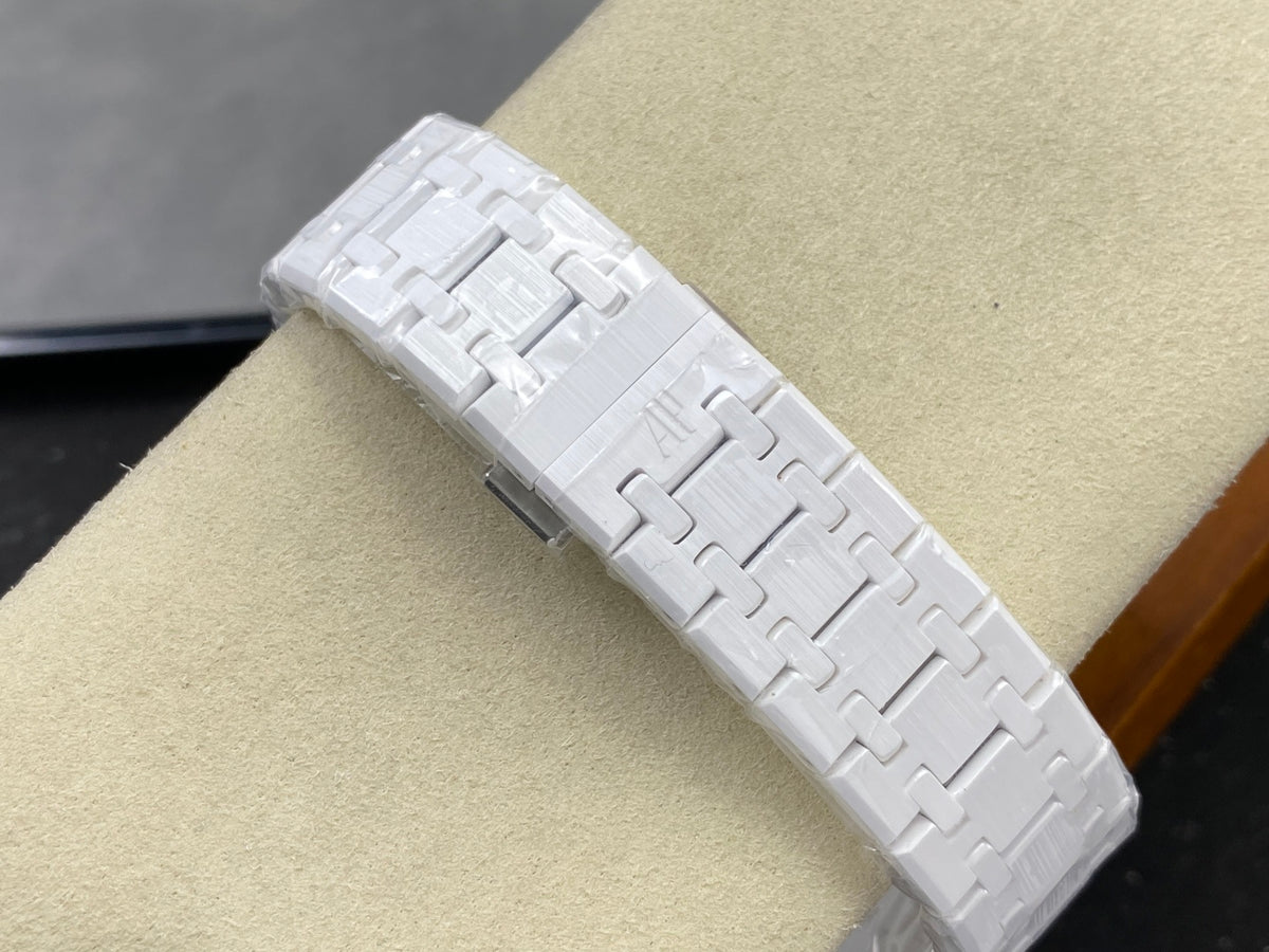 Royal Oak 41mm 15500 White Ceramic ZF White Dial on White Ceramic Bracelet SA4302 Super Clone (Free Sprung)