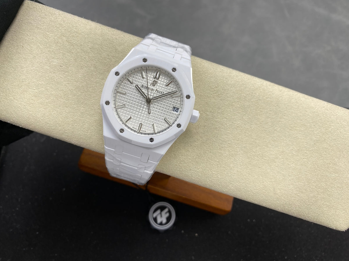 Royal Oak 41mm 15500 White Ceramic ZF White Dial on White Ceramic Bracelet SA4302 Super Clone (Free Sprung)