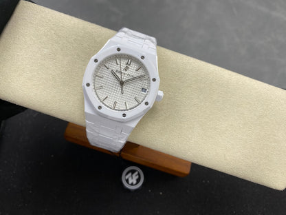 Royal Oak 41mm 15500 White Ceramic ZF White Dial on White Ceramic Bracelet SA4302 Super Clone (Free Sprung)
